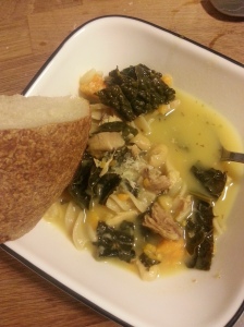 Roasted chicken, sweet potato, kale, and white bean soup